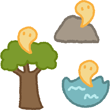 a simple drawing of a tree, a rock, and some water. above each of them is a simple orange-yellow shape with a rounded top, pointed bottom, and dot eyes, representing a soul, spirit, or divine energy. 